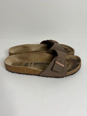 Birkenstock Madrid Sandals Womens 39 8 Taupe Brown Birko Flor Faux Leather Slide